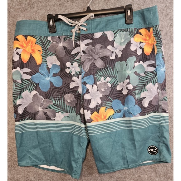 O‎ Neill Men's 38 Teal Floral Drawstring Board Shorts Trunks Tropical Hawaiian - Picture 1 of 9
